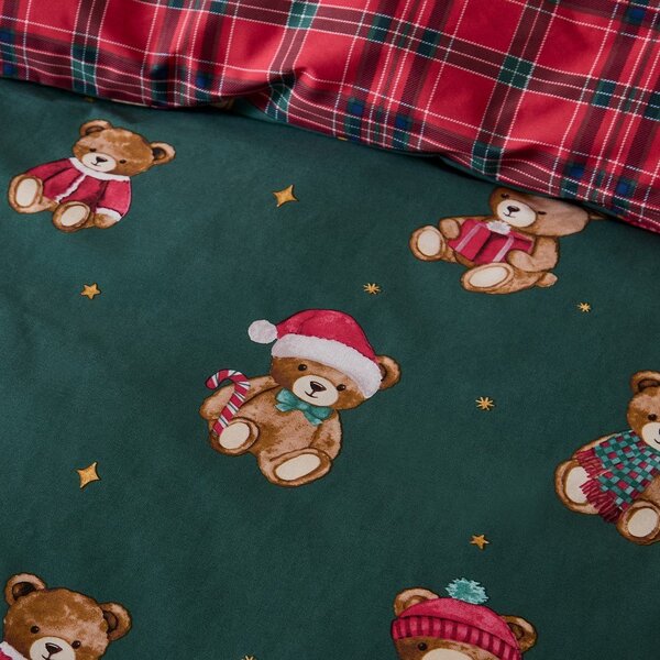 Set copripiumino e federa rosso/verde scuro per letto matrimoniale 200x200 cm Christmas Tartan Teddy Bear – Catherine Lansfield