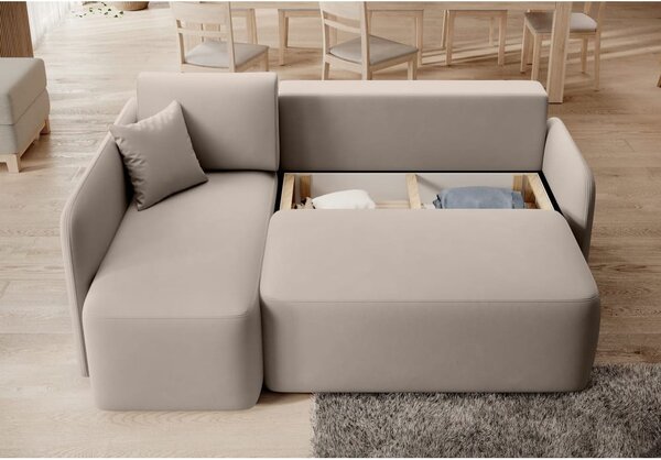 Divano angolare beige allungabile/con contenitore (con penisola a sinistra/con chaise lounge) e rivestimento in velluto Hadson – ELTAP