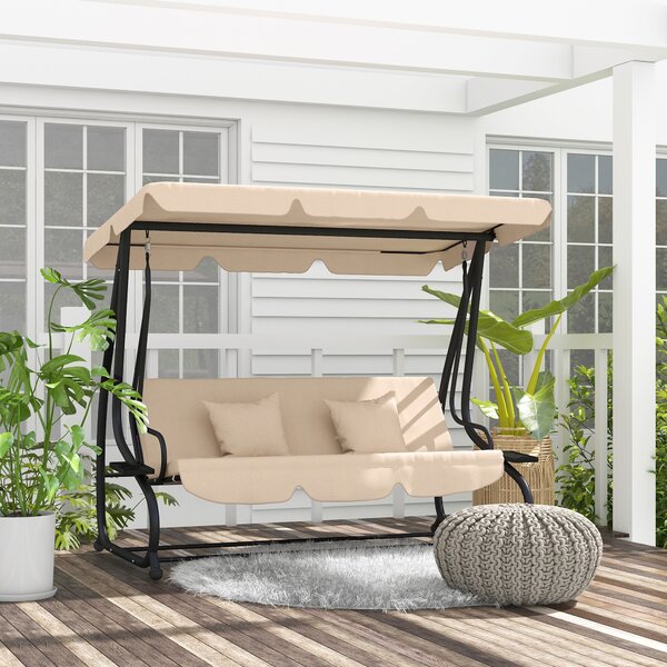 Outsunny Dondolo Letto da Giardino 3 Posti con Portabicchieri, Cuscini e Tetto Regolabile, 200x120x164 cm, Marrone Chiaro | Aosom Italy
