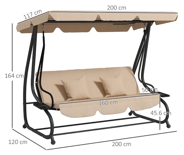 Outsunny Dondolo Letto da Giardino 3 Posti con Portabicchieri, Cuscini e Tetto Regolabile, 200x120x164 cm, Marrone Chiaro | Aosom Italy