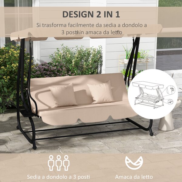 Outsunny Dondolo Letto da Giardino 3 Posti con Portabicchieri, Cuscini e Tetto Regolabile, 200x120x164 cm, Marrone Chiaro | Aosom Italy