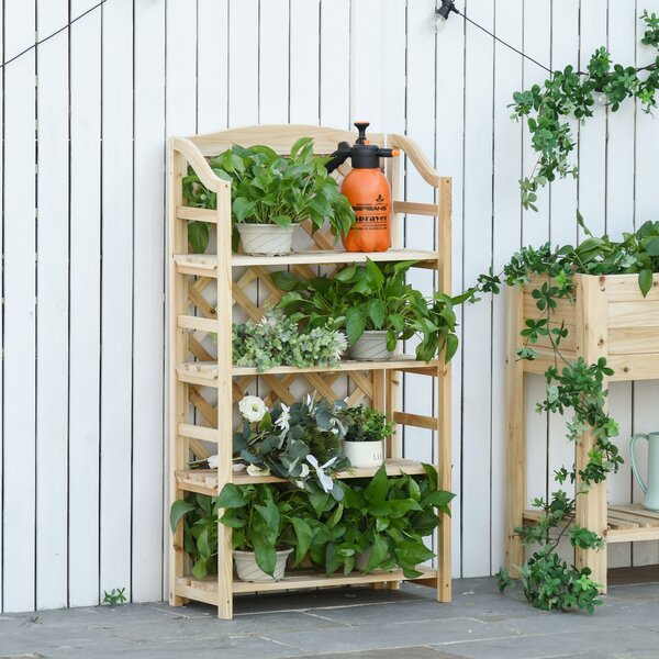 Outsunny Scaffale Portapiante Pieghevole con 4 Mensole Regolabili, Arredamento da Giardino e Casa in Legno, 67x33x123cm|Aosom