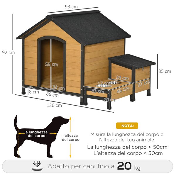 PawHut Cuccia per Cani Taglia Media in Legno di Abete con 2 Porta Ciotole, Box per Riporre e Tetto in Bitume, 130x93x92cm, Color Legno e Nera|Aosom