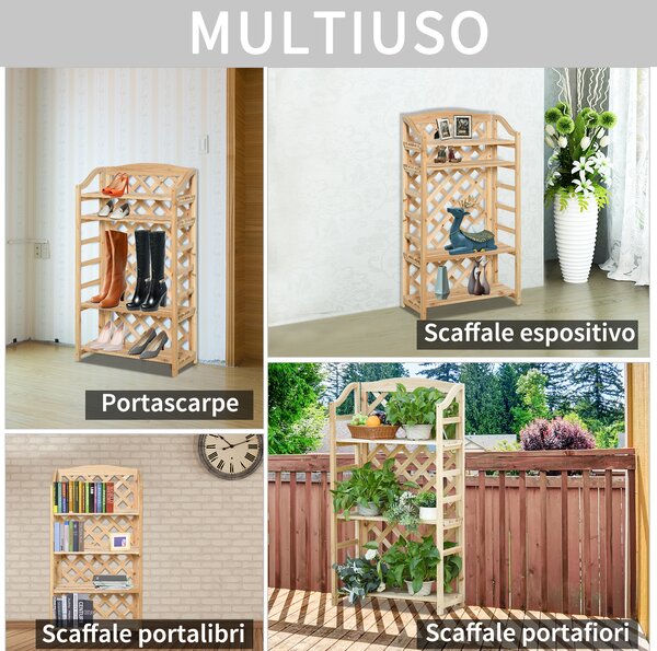 Outsunny Scaffale Portapiante Pieghevole con 4 Mensole Regolabili, Arredamento da Giardino e Casa in Legno, 67x33x123cm|Aosom