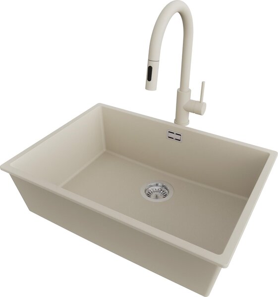 PRIMAGRAN lavello sottopiano in granito beige 66x47cm, lavello 1 vasca + rubinetto cucina 40x20cm + set di scarico, lavello in granito da base 70 cm - London