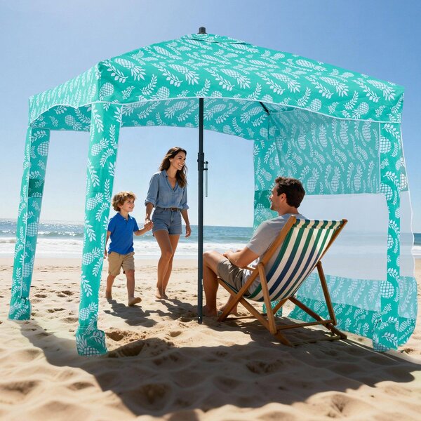 Gazebo da spiaggia - Cabana 183 x 183 cm - Protezione solare UPF 50+ - Con parete laterale - Con sacchi di sabbia - Portatile - Per spiaggia e giardino