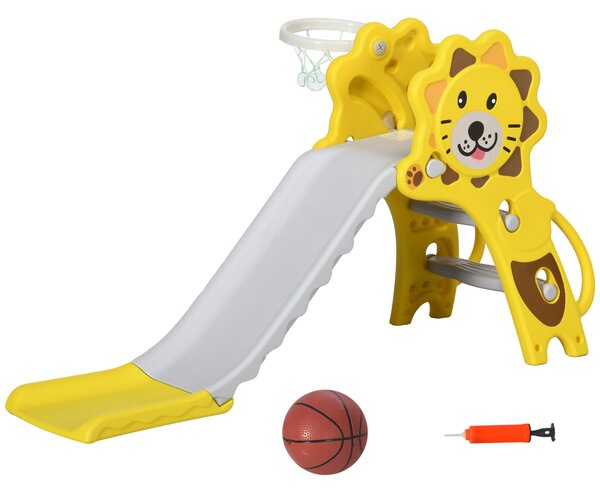 AIYAPLAY Scivolo per Bambini 18-36 Mesi con Canestro da Basket Laterale in PE, 131x50x74 cm, Giallo e Grigio