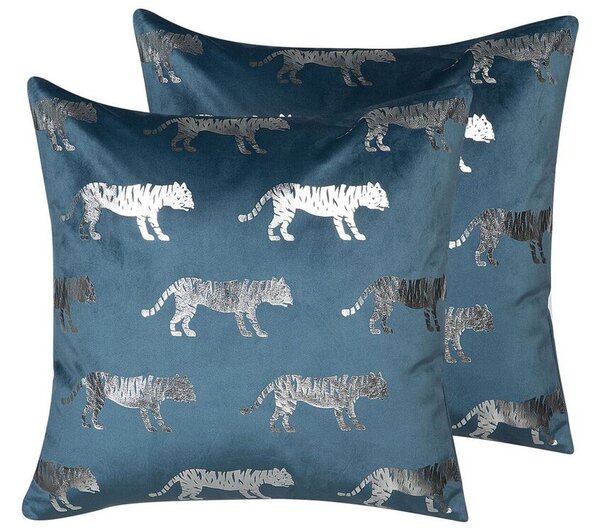 Set di 2 cuscini Decorativi Velluto Blu stampa Animale 45 x 45 cm Motivo Tigre Moderno Glamour Decor Accessori Beliani