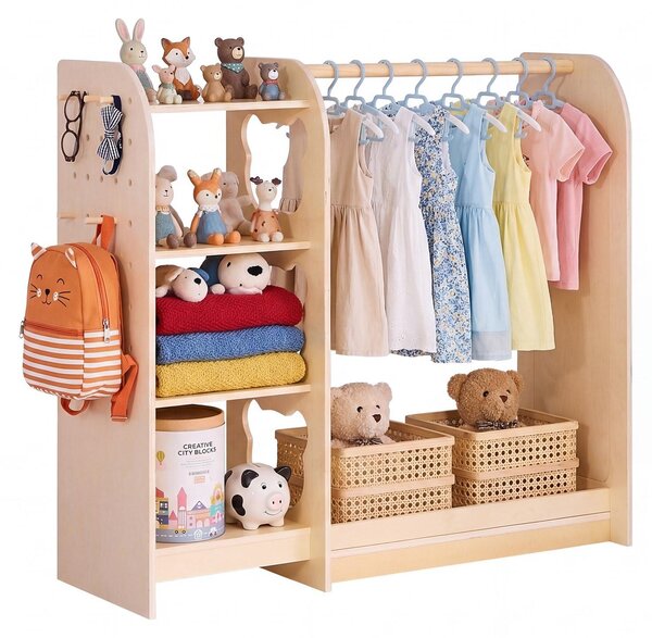 Armadio per bambini in legno - Appendiabiti per bambini con specchio - Barra appendiabiti e ripiani - Armadio per costumi - 120x40x106 cm - Legno naturale