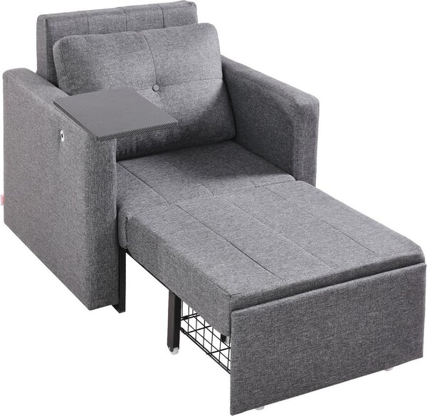 Poltrona letto - Divano letto estraibile letto singolo - Schienale regolabile (5 posizioni) - Con braccioli - Con tasca laterale - Con vano portaoggetti - Con rotelle - Grigio