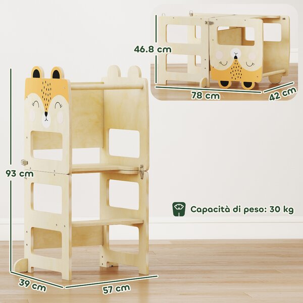 AIYAPLAY Torre Montessoriana per Bambini 2-5 Anni con Lavagna e Tavolino, in Legno, 57x39x93 cm, color Legno | Aosom Italy