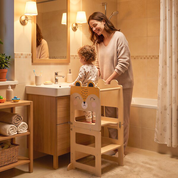AIYAPLAY Torre Montessoriana per Bambini 2-5 Anni con Lavagna e Tavolino, in Legno, 57x39x93 cm, color Legno | Aosom Italy