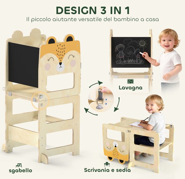 AIYAPLAY Torre Montessoriana per Bambini 2-5 Anni con Lavagna e Tavolino, in Legno, 57x39x93 cm, color Legno | Aosom Italy