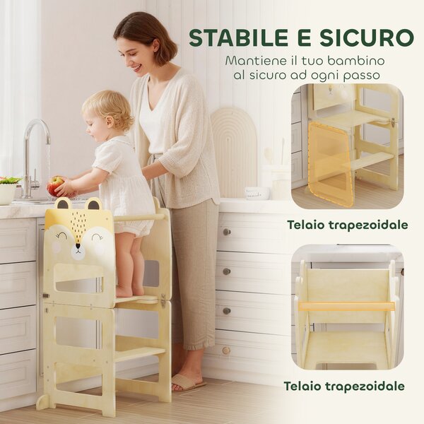 AIYAPLAY Torre Montessoriana per Bambini 2-5 Anni con Lavagna e Tavolino, in Legno, 57x39x93 cm, color Legno | Aosom Italy