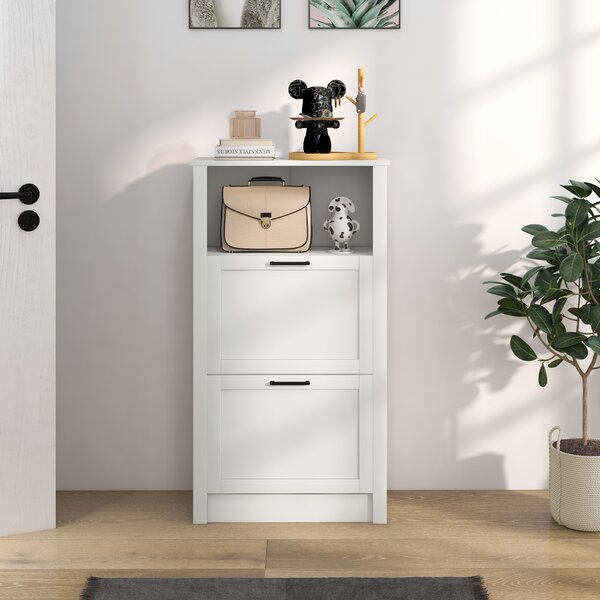 HOMCOM Scarpiera Stretta con 2 Porte Ripiani Regolabili e Compartimento Aperto per 10 Paia di Scarpe 58x24x105 cm Bianco | Aosom Italy