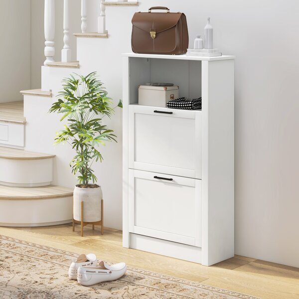 HOMCOM Scarpiera Stretta con 2 Porte Ripiani Regolabili e Compartimento Aperto per 10 Paia di Scarpe 58x24x105 cm Bianco | Aosom Italy