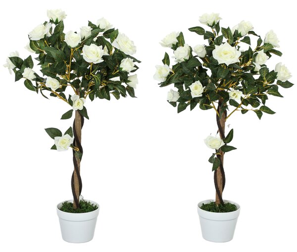 Outsunny Pianta Finta di Rosa da 21 Fiori con Vaso Riempito in Cemento e Muschio, Ø18x90 cm, Bianco | Aosom Italy