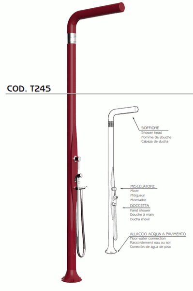 Doccia da Esterno Tradizionale FUNNY YANG CON DOCCINO ESTRAIBILE ROSSO, per Giardino Dimensioni 17x17x h 210 cm peso 9,5 kg, Miscelatore Arkema caldo freddo