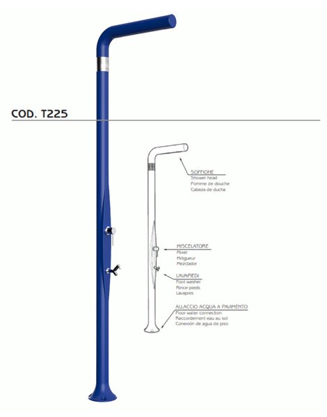 Doccia da Esterno Tradizionale FUNNY YANG CON LAVAPIEDI BLU, per Giardino Dimensioni 17x17x h 210 cm peso 9,5 kg, Miscelatore Arkema caldo freddo