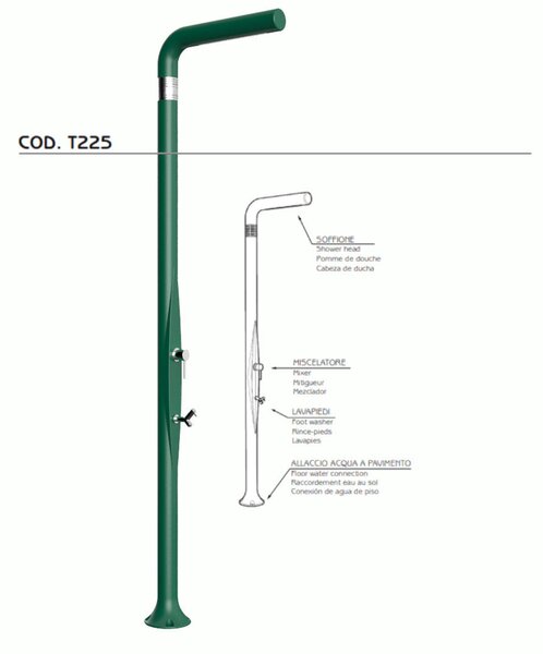 Doccia da Esterno Tradizionale FUNNY YANG CON LAVAPIEDI VERDE, per Giardino Dimensioni 17x17x h 210 cm peso 9,5 kg, Miscelatore Arkema caldo freddo