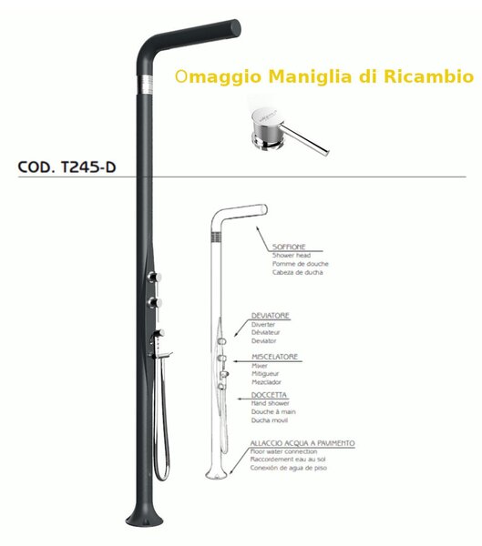 Doccia da Esterno Tradizionale FUNNY YANG CON DOCCINO MIXER,DEVIATORE , per Giardino Dimensioni 17x17x h 210 cm peso 9,5 kg, Miscelatore Arkema COLORE ANTRACITE
