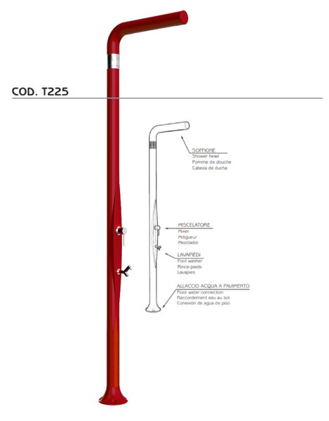 Doccia da Esterno Tradizionale FUNNY YANG CON LAVAPIEDI RUBY, per Giardino Dimensioni 17x17x h 210 cm peso 9,5 kg,Miscelatore Arkema caldo freddo rubino