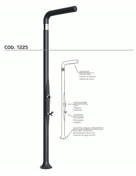 Doccia da Esterno Tradizionale FUNNY YANG CON LAVAPIEDI ANTRACITE, per Giardino Dimensioni 17x17x h 210 cm peso 9,5 kg, Miscelatore Arkema caldo freddo