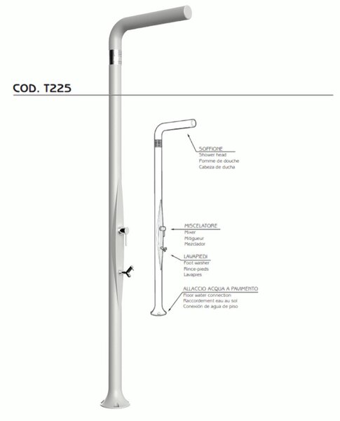Doccia da Esterno Tradizionale FUNNY YANG CON LAVAPIEDI BIANCA, per Giardino Dimensioni 17x17x h 210 cm peso 9,5 kg, Miscelatore Arkema caldo freddo