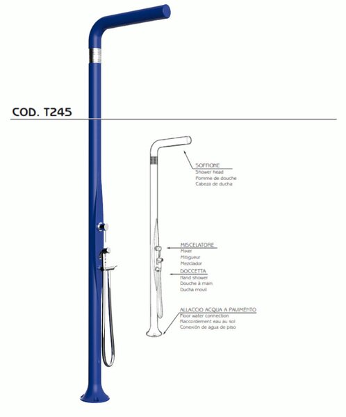 Doccia da Esterno Tradizionale FUNNY YANG CON DOCCINO ESTRAIBILE BLU, per Giardino Dimensioni 17x17x h 210 cm peso 9,5 kg, Miscelatore Arkema caldo freddo