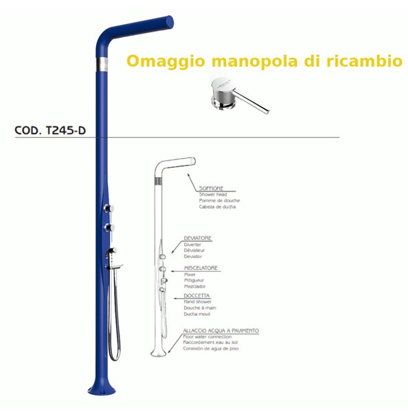 Doccia da Esterno Tradizionale FUNNY YANG CON DOCCINO MIXER,DEVIATORE , per Giardino Dimensioni 17x17x h 210 cm peso 9,5 kg, Miscelatore Arkema COLORE BLU