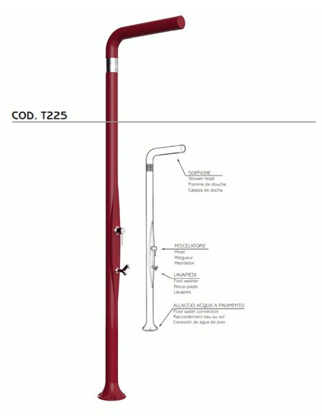 Doccia da Esterno Tradizionale FUNNY YANG CON LAVAPIEDI ROSSO, per Giardino Dimensioni 17x17x h 210 cm peso 9,5 kg, Miscelatore Arkema caldo freddo
