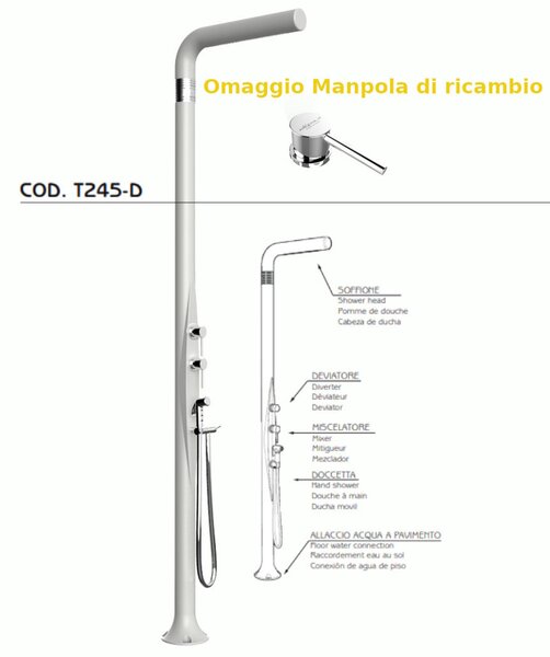 Doccia da Esterno Tradizionale FUNNY YANG CON DOCCINO MIXER,DEVIATORE , per Giardino Dimensioni 17x17x h 210 cm peso 9,5 kg, Miscelatore Arkema COLORE Bianca