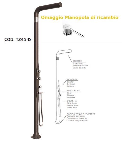 Doccia da Esterno Tradizionale FUNNY YANG CON DOCCINO MIXER,DEVIATORE , per Giardino Dimensioni 17x17x h 210 cm peso 9,5 kg, Miscelatore Arkema COLORE Dove gray