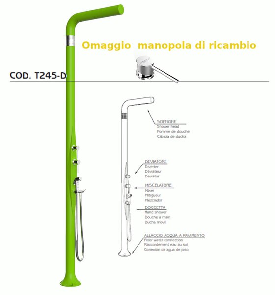 Doccia da Esterno Tradizionale FUNNY YANG CON DOCCINO MIXER,DEVIATORE , per Giardino Dimensioni 17x17x h 210 cm peso 9,5 kg, Miscelatore Arkema COLORE VERDE