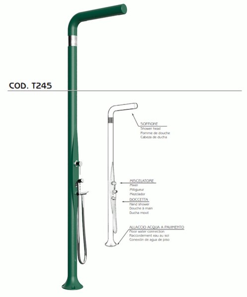 Doccia da Esterno Tradizionale FUNNY YANG CON DOCCINO ESTRAIBILE VERDE, per Giardino Dimensioni 17x17x h 210 cm peso 9,5 kg, Miscelatore Arkema caldo freddo