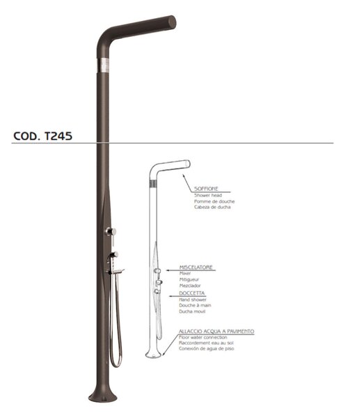 Doccia da Esterno Tradizionale FUNNY YANG CON DOCCINO ESTRAIBILE Dove gray, per Giardino Dimensioni 17x17x h 210 cm peso 9,5 kg, Miscelatore Arkema caldo freddo