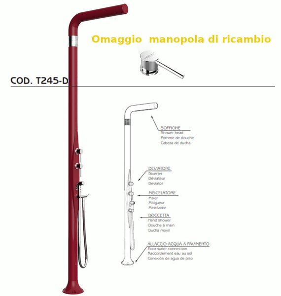 Doccia da Esterno Tradizionale FUNNY YANG CON DOCCINO MIXER,DEVIATORE , per Giardino Dimensioni 17x17x h 210 cm peso 9,5 kg, Miscelatore Arkema COLORE ROSSO
