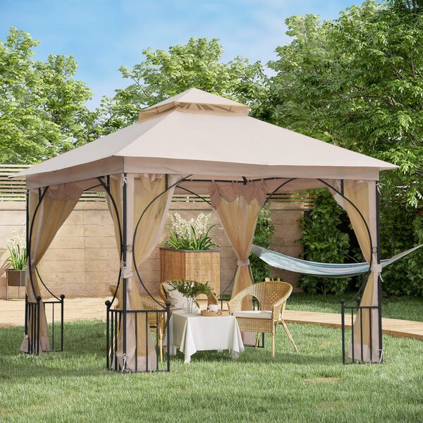 Outsunny Gazebo da Giardino in Metallo con Tettuccio e Pareti in Poliestere, 3x3 m, Beige | Aosom Italy