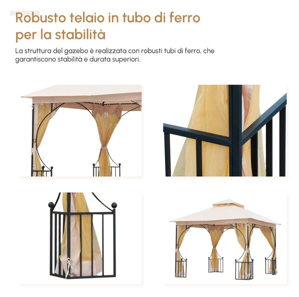 Outsunny Gazebo da Giardino in Metallo con Tettuccio e Pareti in Poliestere, 3x3 m, Beige | Aosom Italy
