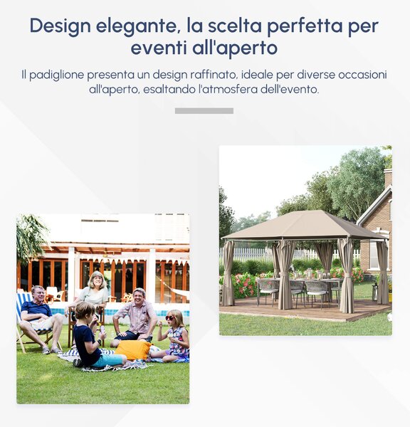 Outsunny Gazebo da Giardino 6 Pareti Rimovibili 12 Paletti Struttura in Metallo Telo in Poliestere 400 x 300 x 274 cm Beige
