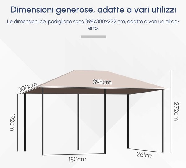 Outsunny Gazebo da Giardino 6 Pareti Rimovibili 12 Paletti Struttura in Metallo Telo in Poliestere 400 x 300 x 274 cm Beige