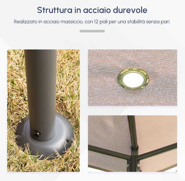 Outsunny Gazebo da Giardino 6 Pareti Rimovibili 12 Paletti Struttura in Metallo Telo in Poliestere 400 x 300 x 274 cm Beige
