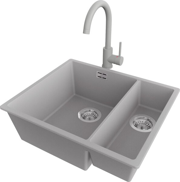 Lavello in granito PRIMAGRAN grigio 56x47cm, lavello da 1,5 vasche + rubinetto da cucina 32x20cm + set di scarico, lavello da cucina da base 60 cm - London Slim Duo