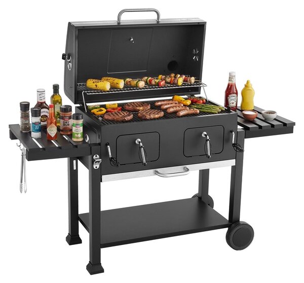 Griglia a carbone - Carrello per barbecue - Superficie di cottura: 0,50 m² - Doppie vasche per carbone, con altezza regolabile - Tavoli laterali pieghevoli - Acciaio rivestito a polvere, resistente al calore