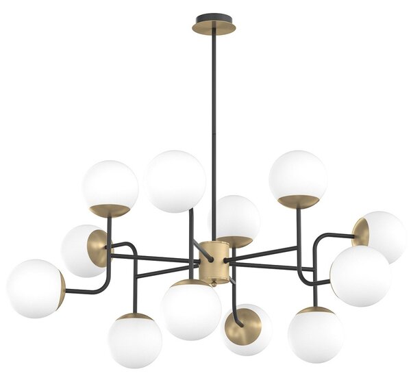 Lampadario Moderno Clear Metallo Nero E Ottone Vetro Bianco 12 Luci E27