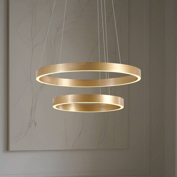 Lucande Lampada a sospensione LED Yonam, Ø 60 cm, 2 luci, oro, CCT Yonam Lucande, dimmerabile, Ottone / Oro, Soggiorno / Sala da pranzo, Metallo, Moderno