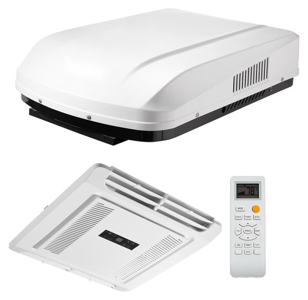 Condizionatore da tetto per roulotte e camper - Inverter da 3 kW - Pompa di calore per riscaldamento e raffreddamento - Regolabile in modo continuo - Senza condotti dell'aria - Pannello di controllo e telecomando - Bianco