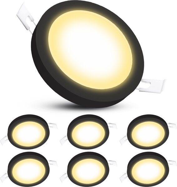 SSC-LUXon 6 pezzi VORALO faretti da soffitto 2in1 a plafone o a incasso nero piatto rotondo Ø 14cm - Faretto da incasso 4W bianco caldo 230V