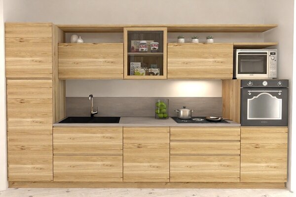 Cucina 360 cm composizione tipo lineare LEGNO DI ABETE MASSELLO LM-CUCINA360