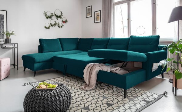 Divano letto a U in velluto turchese, angolo sinistro Stylish Stan - Miuform